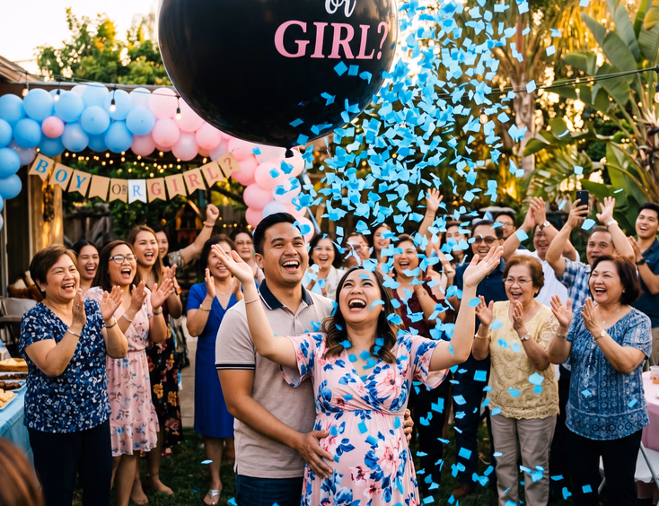 A Filipino couple cheers as a large balloon pops above them, raining colored confetti down at their decorated outdoor gender reveal party.