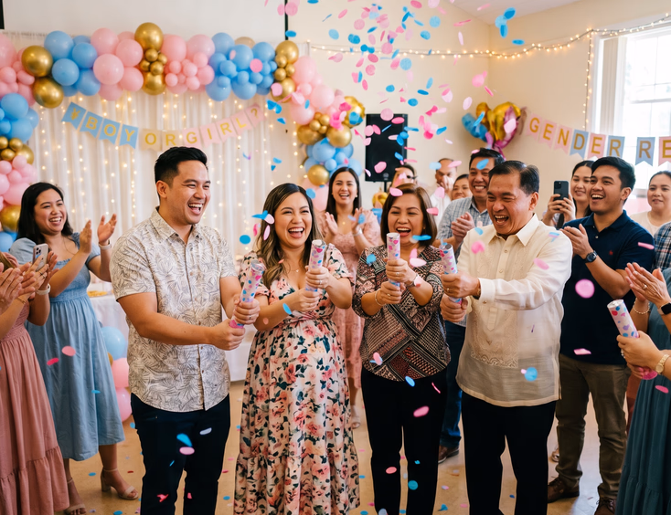 A Filipino family fires colorful confetti poppers together indoors, celebrating an expectant couple's gender reveal in a festive venue.