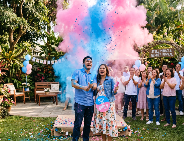 A Filipino couple launches a colorful Holi-style powder cloud outdoors in a garden, revealing the gender of their baby with relatives watching.