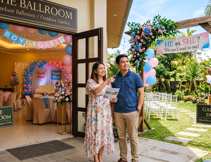 A Filipino couple stands in an outdoor garden function area, choosing the best venue for their upcoming gender reveal party in the natural light.