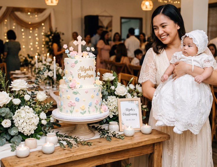 Two-tier white Filipino baptism cake with a sugar cross topper on a decorated table with a mother holding her baby at a reception.