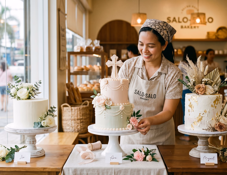 Three beautiful Filipino baptism cakes displayed on styled tables inside a bakery showroom as a female baker adjusts a flower ornament.