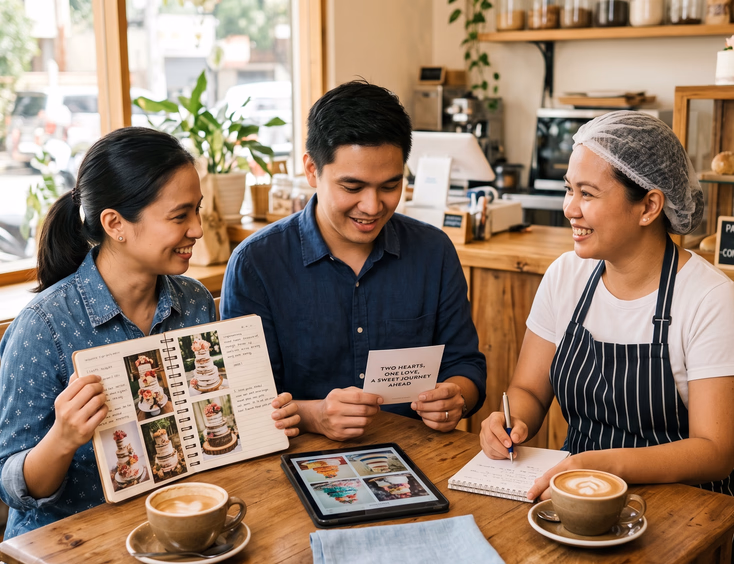 A young Filipino couple consulting with a baker at a table to design a custom baptism cake using inspiration photos and a tablet portfolio.