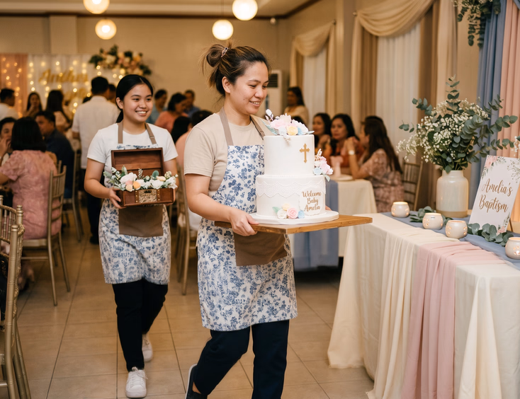 A Filipino baker and her assistant carefully deliver a two-tier white baptism cake into a decorated reception venue function room.