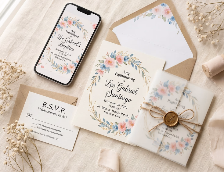 Flat lay of a Filipino baptism invitation suite with watercolor florals, a matching envelope, wax seal, and an animated digital version.