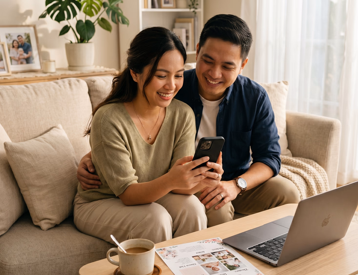 A young Filipino couple sits on a sofa, smiling as they review a digital animated baptism invitation video for their baby on a smartphone.