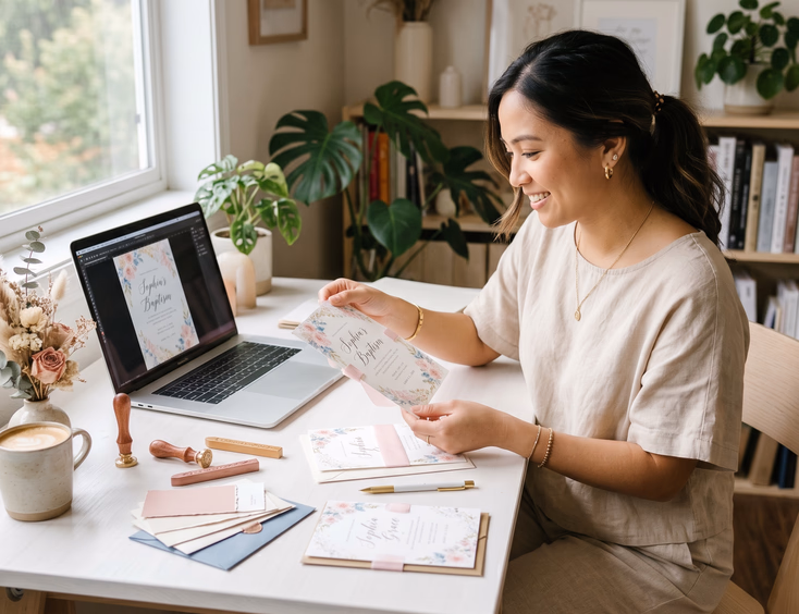 A Filipino designer reviews printed baptism invitation samples and a digital watercolor floral template on her laptop in a bright studio.