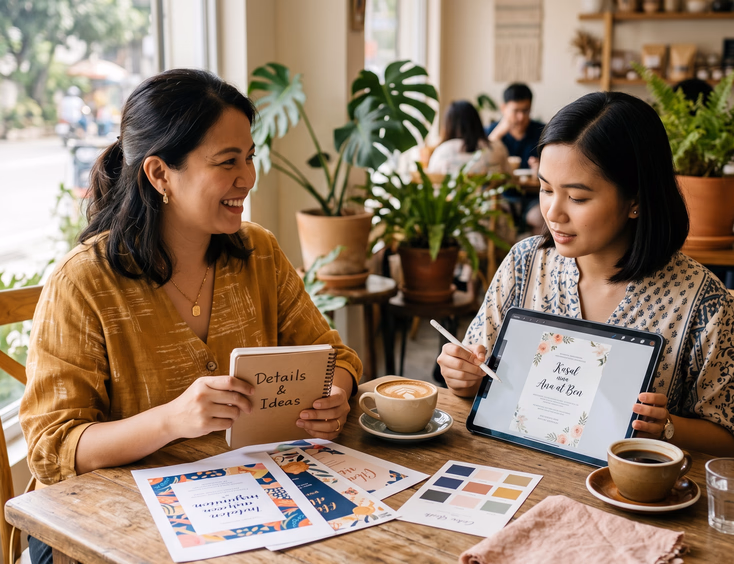 A young Filipino mother consults with a professional graphic designer at a cafe to review custom digital layout concepts for a baptism.