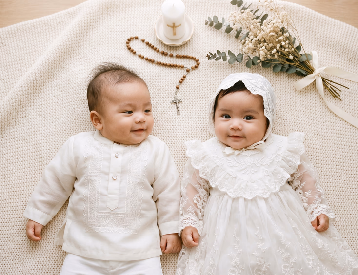 Filipino baby boy in a mini barong and baby girl in a lace christening gown lie side by side with a rosary for a baptism photoshoot.