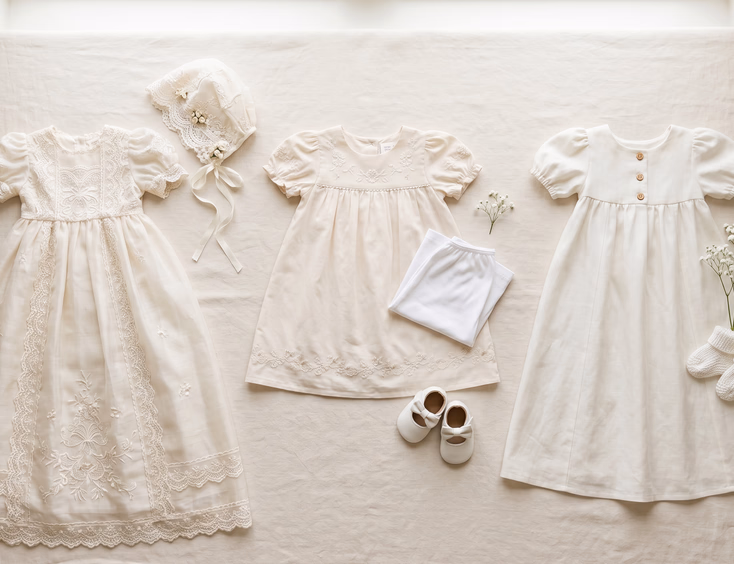 Flat lay of three Filipino baby girl baptism dress options, including a traditional lace gown, embroidered dress, and linen outfit.