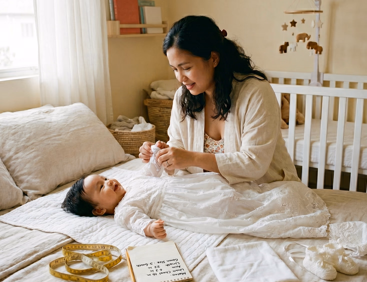 A young Filipino mother fits a white christening gown on her three-month-old baby in a nursery, checking sizes before the baptism.