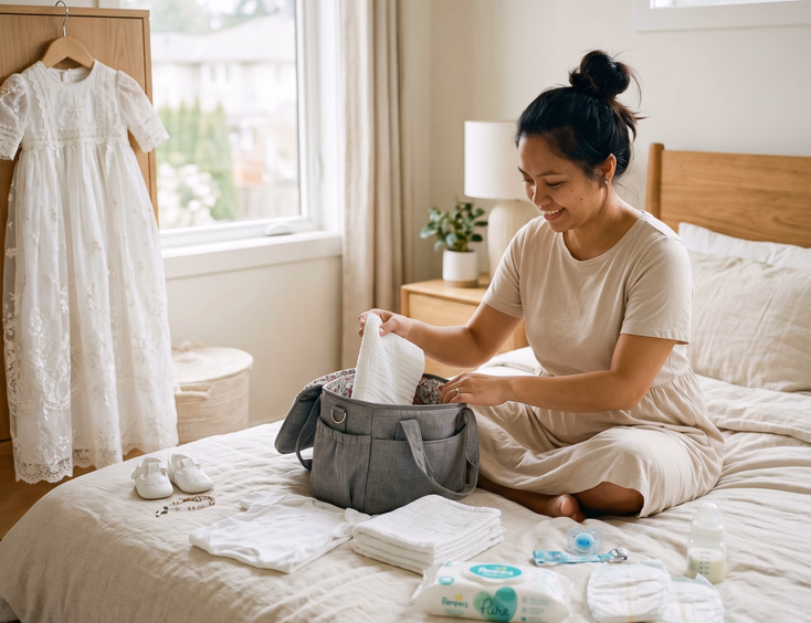 A Filipino mother packs a baby bag with a backup onesie, wipes, and diapers for a baptism day as the christening gown hangs nearby.