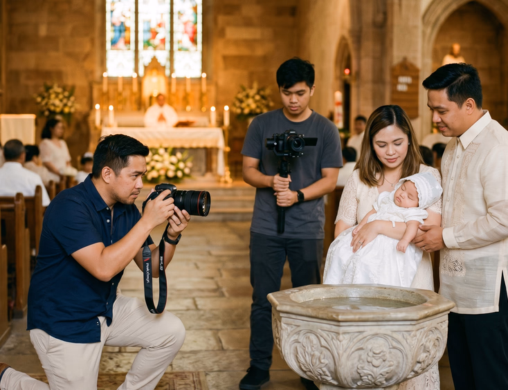 Filipino baptism photographer and videographer capturing a family with a baby in a white gown at a Catholic church baptismal font.