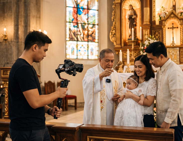 A Filipino videographer using a gimbal camera to film a Catholic priest blessing a baby and parents at a church altar during a baptism.