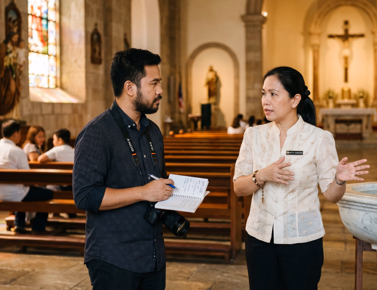 A Filipino baptism photographer talking with a church parish coordinator near the entrance, reviewing the event shot list for the ceremony.