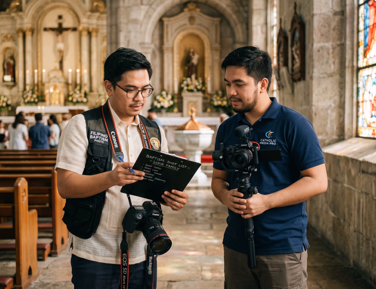 A Filipino baptism photographer and videographer standing inside a Catholic church while reviewing an event shot list on a clipboard.