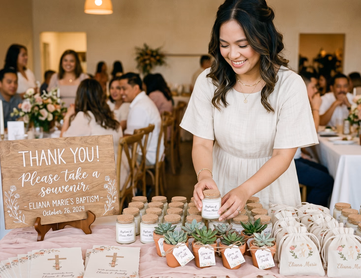 A Filipino mother arranges personalized candle favors and succulents on a beautifully styled baptism souvenir table at a reception.