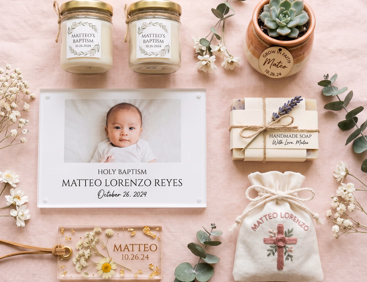 Flat lay of unique Filipino baptism giveaway ideas, including personalized candles, mini succulents, and custom embroidered pouches.