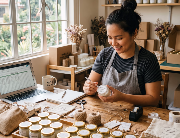 A Filipino artisan carefully labels personalized candle jars and organizes handmade souvenir tokens inside her minimalist home studio.