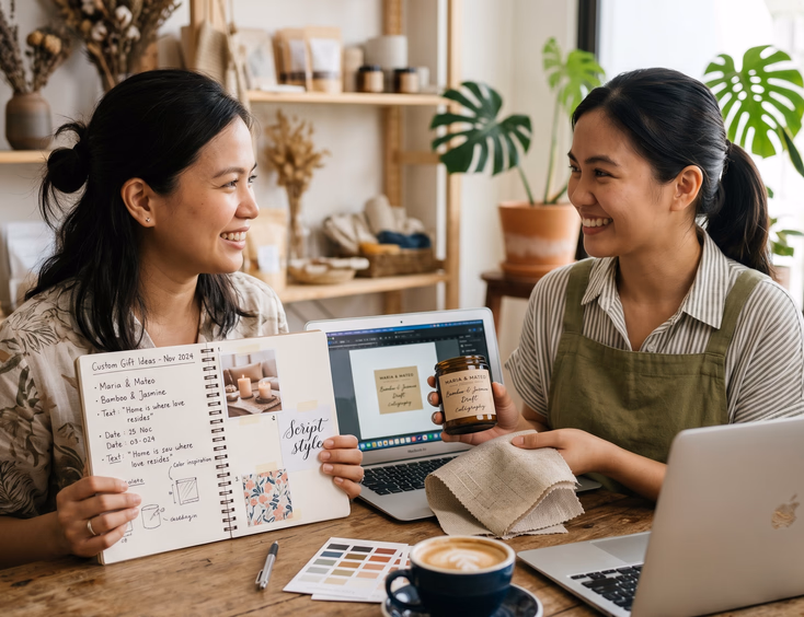 A young Filipino mother consults with a local artisan to customize personalized candle favors and souvenirs for a baby's baptism event.