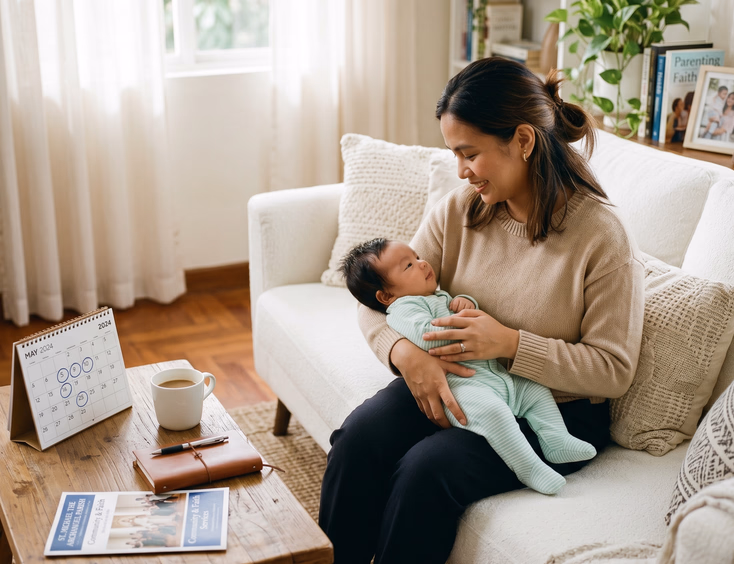 Filipino mother holding her baby while looking at a calendar and church brochure at home.