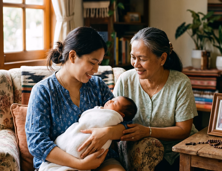 Filipino mother and grandmother smiling at a baby wrapped in a white blanket.