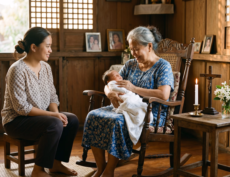 Filipino grandmother rocking a baby next to a crucifix and baptismal candle.