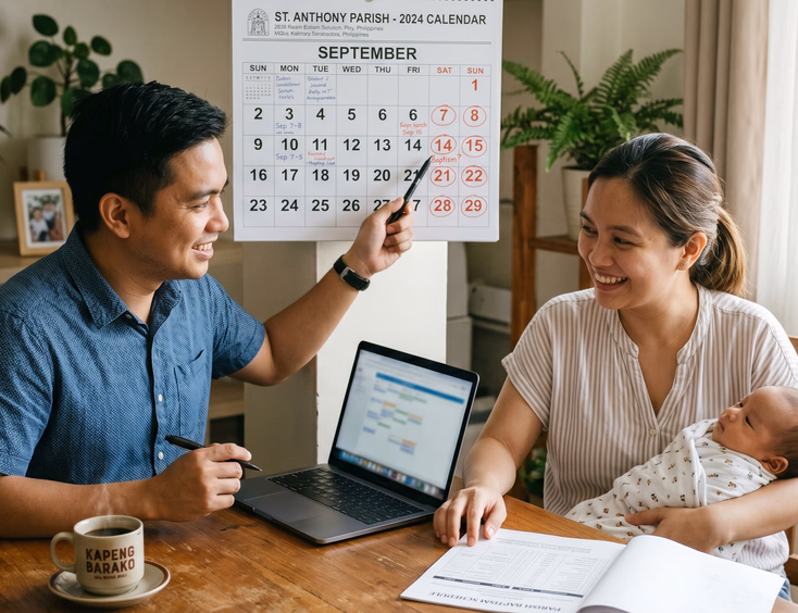 Filipino couple looking at a calendar and parish schedule to choose a baptism date.