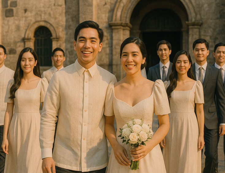 Young Filipino couple with their entourage in coordinated barongs ternos and suits on church steps under soft daylight