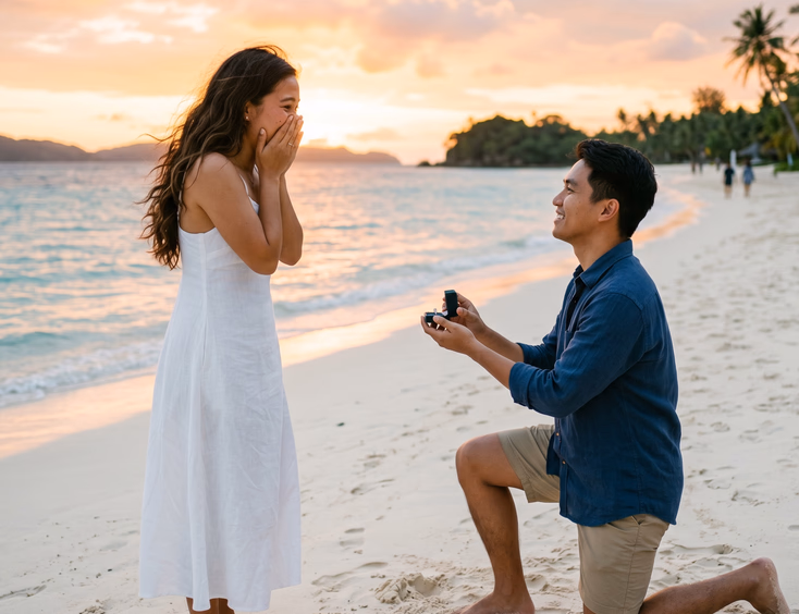 A young Filipino man proposes on one knee to a surprised woman on a beautiful white sand beach at sunset, with turquoise water behind them.