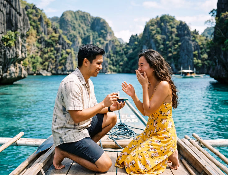 A happy young Filipino couple on a traditional banca boat in Palawan, surrounded by turquoise lagoons and limestone cliffs during a proposal.