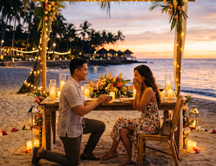 A Filipino couple enjoys a romantic candlelit dinner setup on the sand with flowers and string lights at sunset as the man prepares to propose.