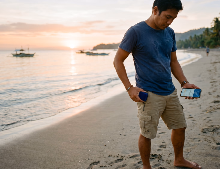 A Filipino man prepares for a beach proposal at golden hour by discreetly checking the tide and securing the engagement ring box in his pocket.