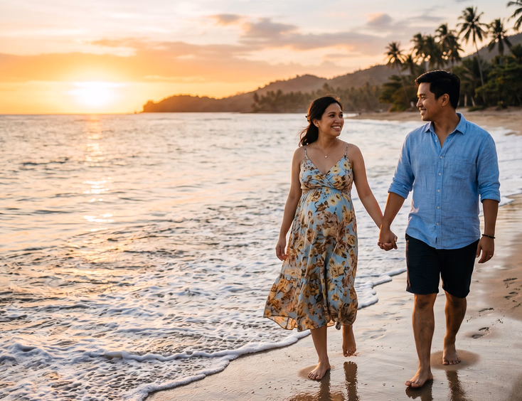 A romantic photo of a pregnant Filipino woman walking hand in hand with her partner along a beach waterline during the golden hour sunset.