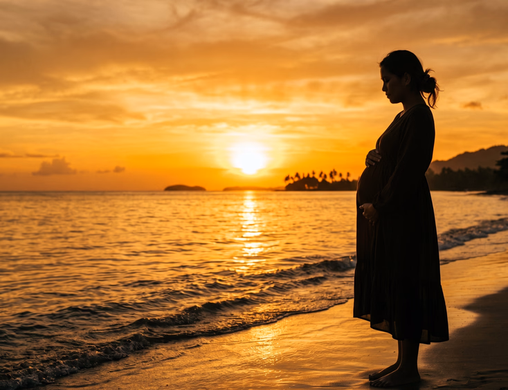 A warm silhouette portrait of a pregnant Filipino woman in profile against a golden sunset on a tropical beach, cradling her baby bump.