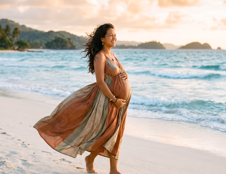 A pregnant Filipino woman barefoot on white sand beach, wearing a flowing earth-toned maxi dress that catches the wind under soft golden light.