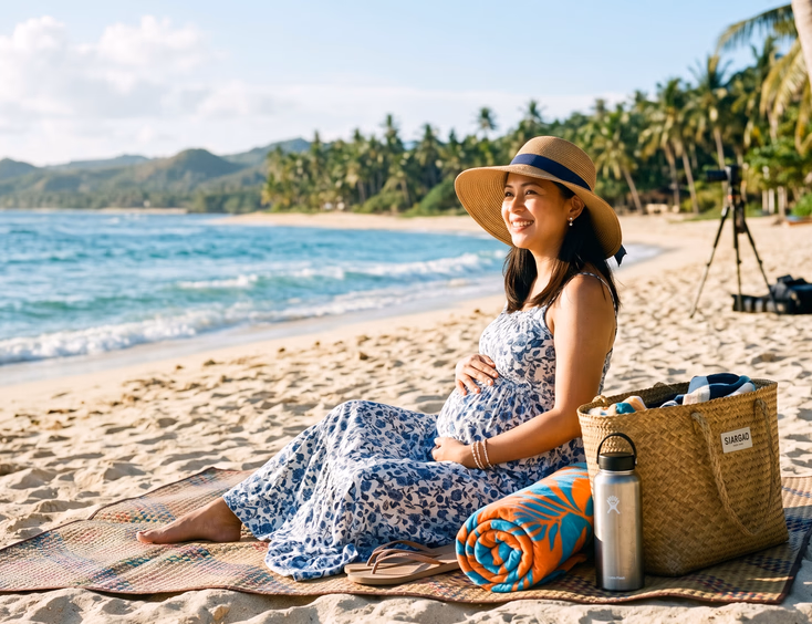 A pregnant Filipino woman wears a sun hat as her beach bag, towel, and water bottle rest on the sand before her photoshoot in warm coastal light.