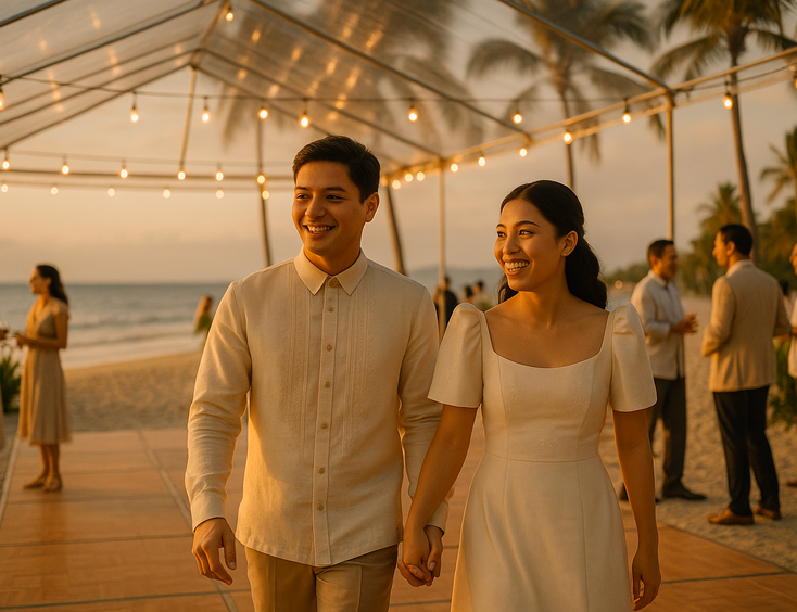 Young Filipino couple at a sunset beach reception with clear canopy warm lights firmed pathways and guests relaxing despite a gentle breeze