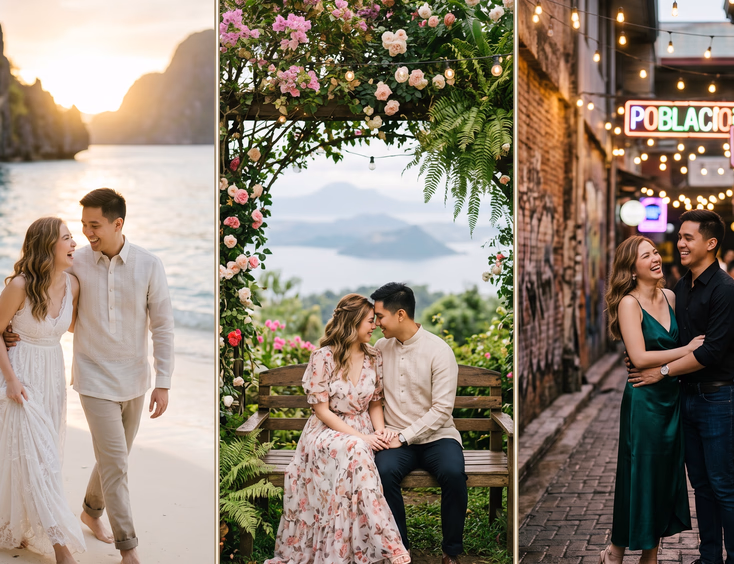 Three-panel composition of a Filipino couple in prenup attire featuring a Palawan beach, Tagaytay garden, and Poblacion street.