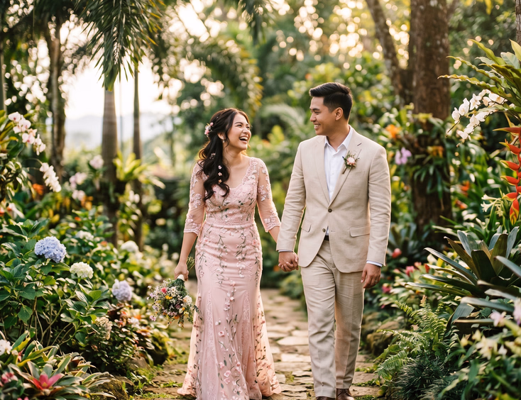 Filipino couple walking hand in hand during a romantic prenup shoot in a lush Tagaytay garden.