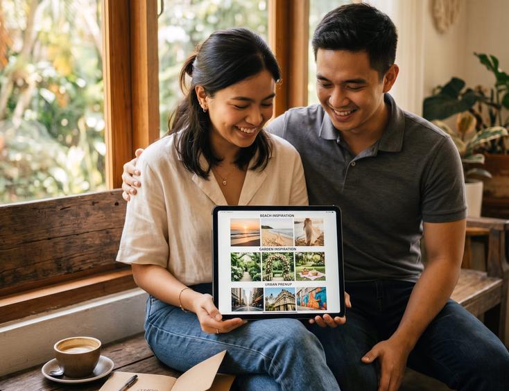 Filipino couple reviewing prenup mood board photos on a tablet while planning their shoot.