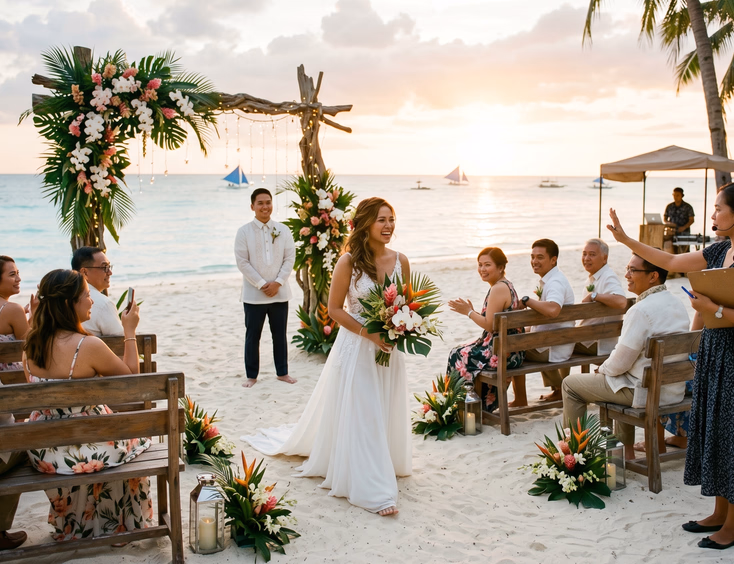 Filipino bride and groom exchanging vows under a tropical floral arch on a Boracay beach at sunset with wedding coordinator managing the ceremony