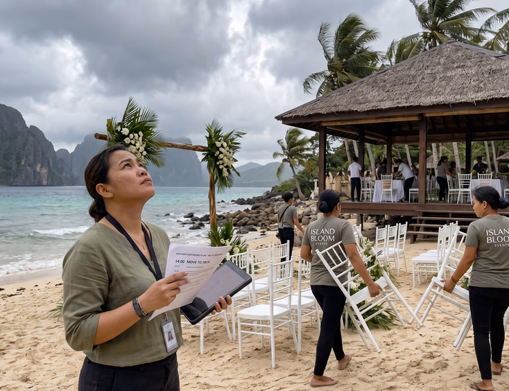 Filipino wedding coordinator reviewing weather contingency plan on a Palawan beach while assistants move chairs to a covered deck before rain
