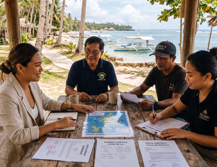 Filipino wedding coordinator meeting with local barangay official, boatman, and resort manager on a Siargao beach to finalize permits and venue logistics