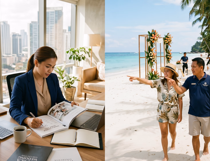 Split-scene of Manila-based and Boracay-based Filipino wedding coordinators working in parallel on a destination beach wedding
