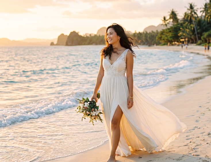 Filipina bride wearing a flowing ivory chiffon A-line wedding gown with a V-neckline and side slit, standing barefoot on a white sand Philippine beach at golden hour with coconut palms and gentle waves in the background