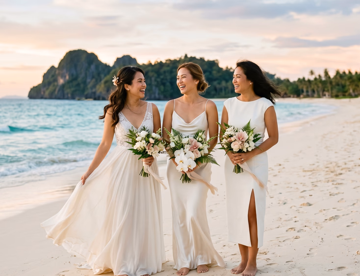Three Filipina brides on a wide Philippine beach during late afternoon, wearing a chiffon A-line gown, charmeuse slip dress, and tea-length sheath gown in white and ivory, with turquoise water and a pastel sky behind them