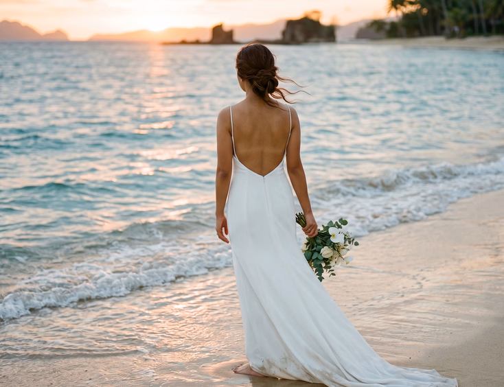 Filipina bride photographed from behind on a Philippine beach shoreline, wearing a white crepe wedding gown with a low open back and thin straps, her loose low bun windswept against a calm turquoise sunset ocean