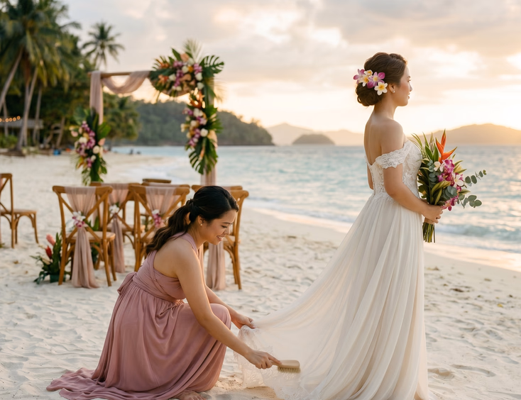 Filipina maid of honor kneeling on a sandy Philippine beach, gently brushing sand off the hemline of a bride's ivory chiffon wedding gown, with a tropical beachfront ceremony setup visible in the warm golden background