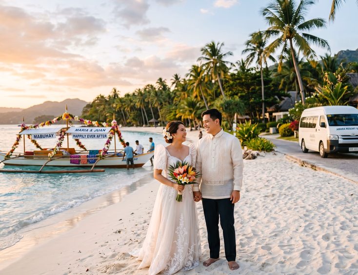 Filipino bride and groom smiling beside a decorated boat and resort shuttle van on a white sand beach in the Philippines with tropical palm trees and clear blue water at golden hour